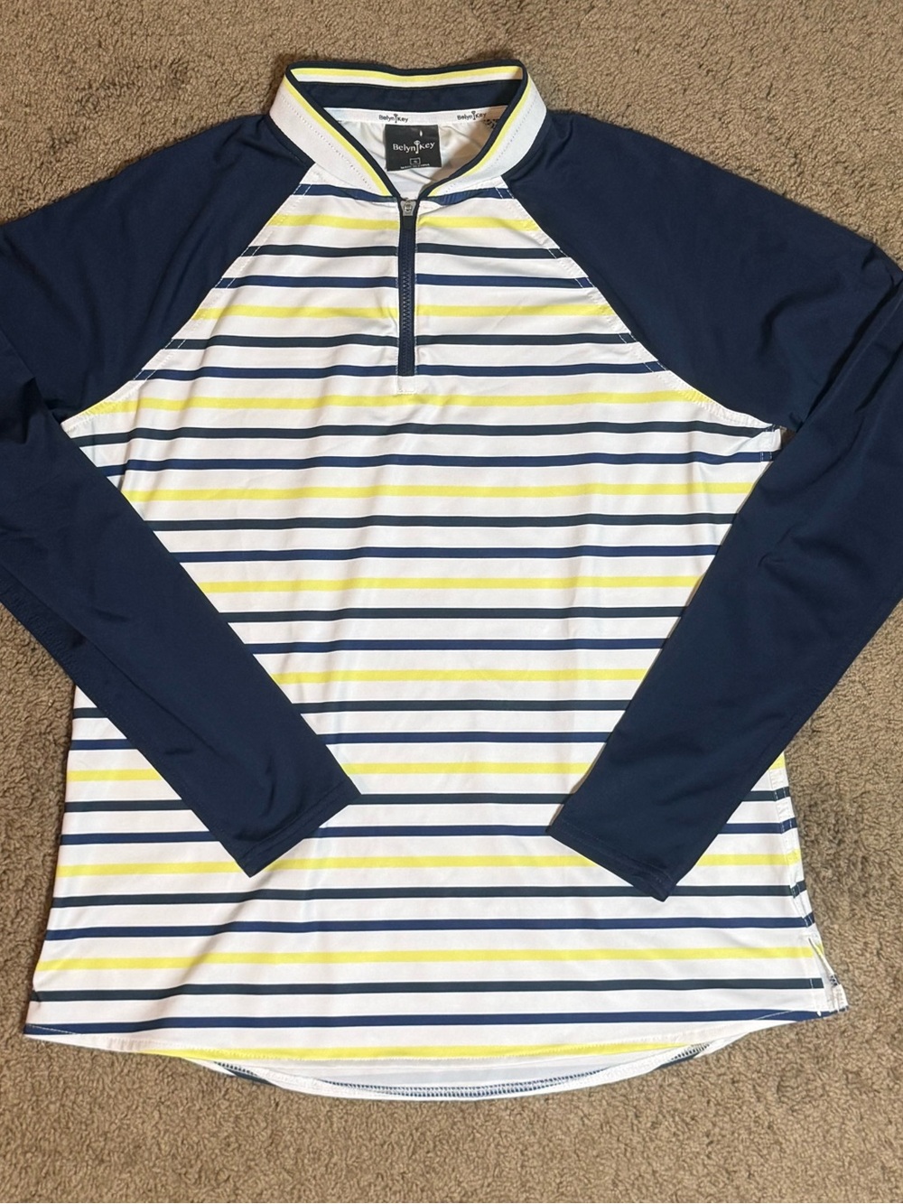 Belyn Key Women's Small Striped 1/4 Zip Mock Neck Raglan Golf Pullover Top